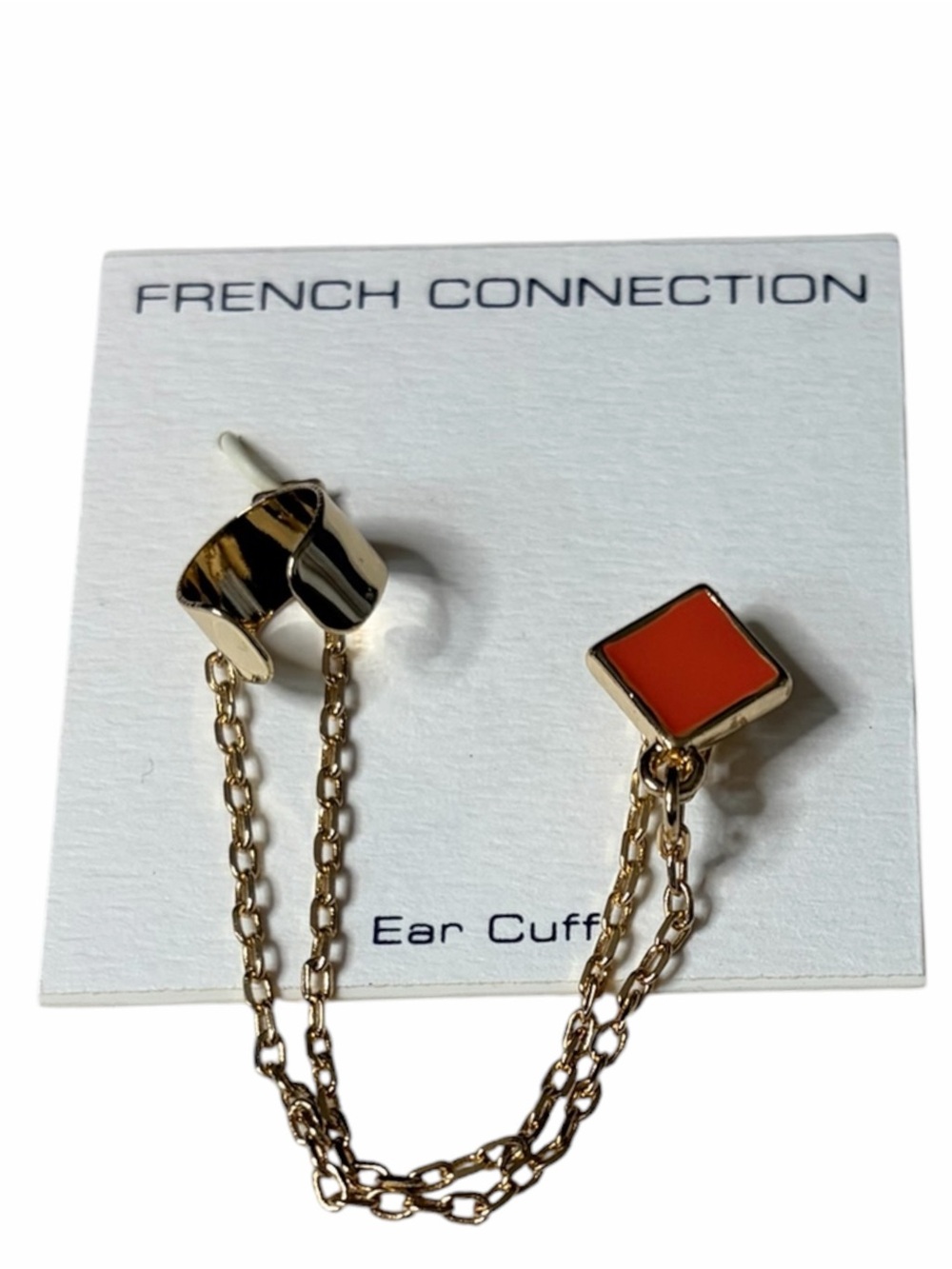 French Connection Gold-Tone Double Chain Ear Cuff with Coral Square Accent